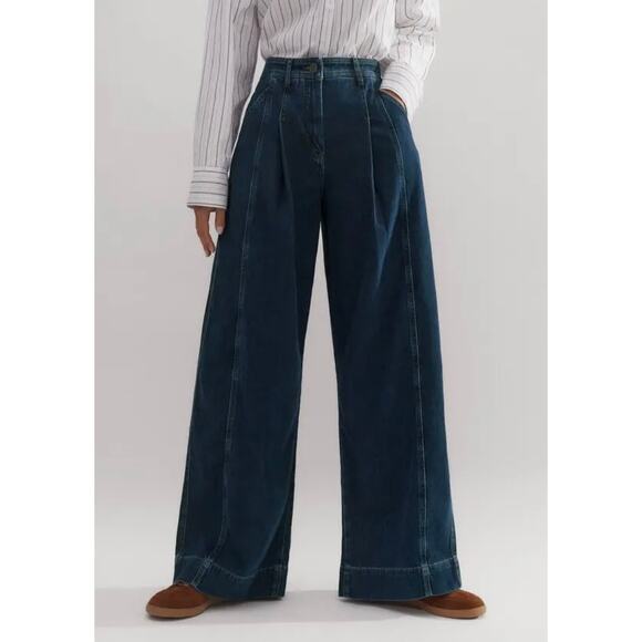 ME+EM Soft Denim Pleated Pants Mid Wash Jean Denim Trousers 2 Wide Leg High